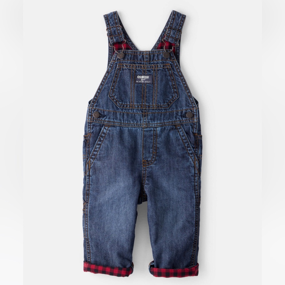 Like New Oshkosh B’Gosh Baby Buffalo Gingham Red Black Check Jean Overalls 9M